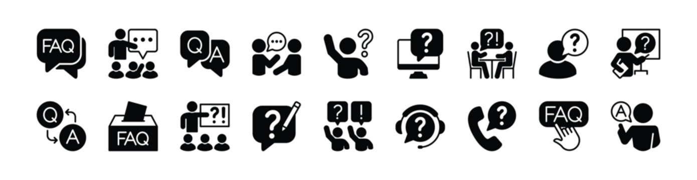 FAQ icon vector set. Contains chat speech bubble of questions, answers, help, support, discussion, solution, problem, phone call, talk, communication, comment, conversation, box - illustration