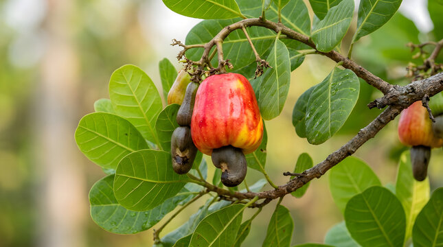 Vibrant cashew tree with lush green leaves and ripe red cashew apples in a natural setting