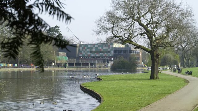 Midlands Arts Centre (MAC) Building and Lake in Cannon Hill Park, Birmingham.
A scenic shot of the iconic Midlands Arts Centre (MAC) building with its colorful geometric facade.