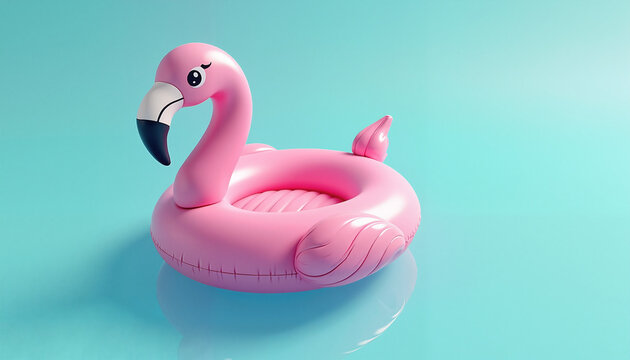 Inflatable pink flamingo pool float against turquoise background
