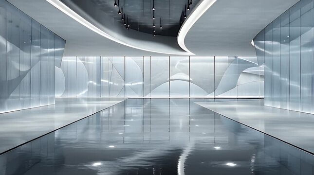 A modern, light-filled architectural space with curved ceilings, glass walls, and a reflective floor. Hanging lights punctuate the design. The walls have patterned details