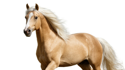 Isolated majestic Palomino horse with golden coat and flowing blonde mane and tail in motion © Sergiu