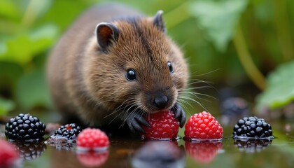 Obraz premium Small water vole animal eats red raspberry fruit in shallow water. Cute rodent with fur and whiskers looks at camera among green leaves and wild berries. Macro shot.