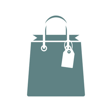 A minimalist graphic illustration of a teal shopping bag with white handles and a blank price tag, symbolizing retail and consumerism.