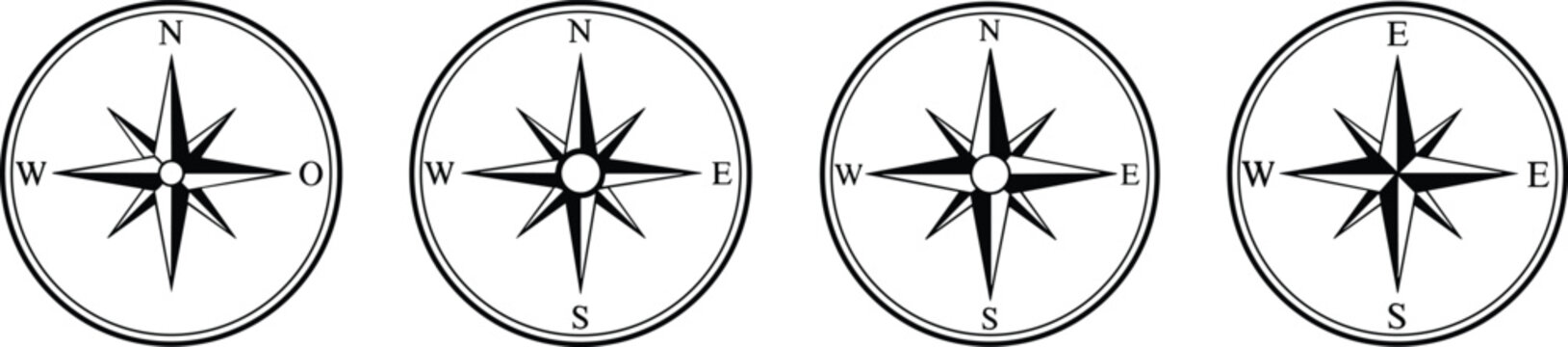 Compass rose navigation icon set featuring cardinal directions, vintage nautical symbols and map orientation design elements vector collection