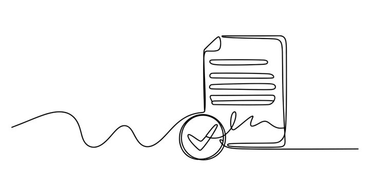 A single continuous line drawing of a document with a check mark symbol representing approval task Vector, illustration