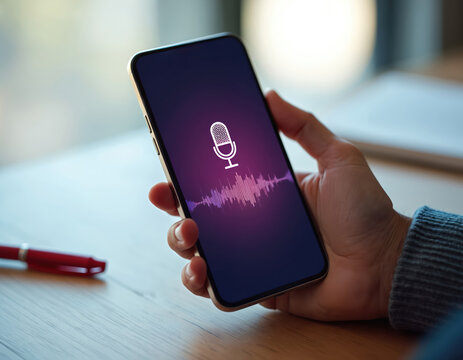Person holds smartphone displaying microphone icon and sound wave visualization. AI voice assistant or audio recording app on mobile device screen. Concept for voice tech.