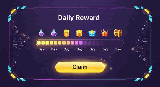 Daily Reward System Interface with Claim Button and Progress Bar.