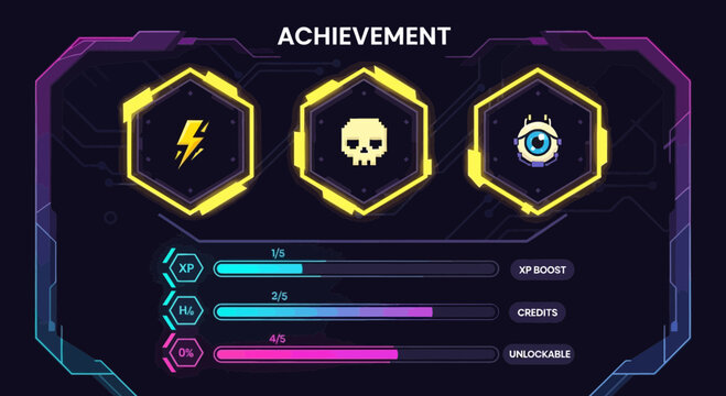 Futuristic Achievement Interface with Hexagonal Icons and Progress Bars for Gaming.