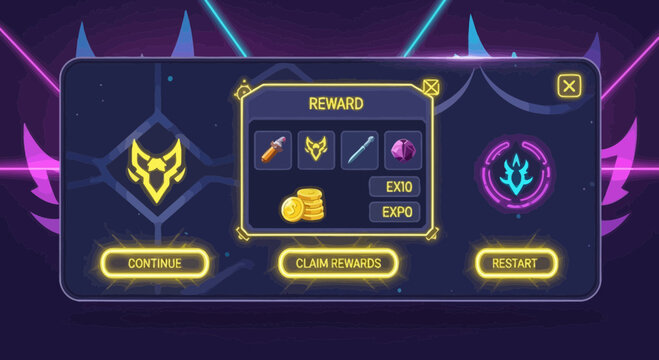 Futuristic Game Reward Interface with Neon Elements and Abstract Design.