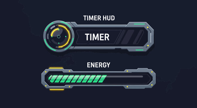 Futuristic HUD elements showcasing a timer and energy bar for UI design.