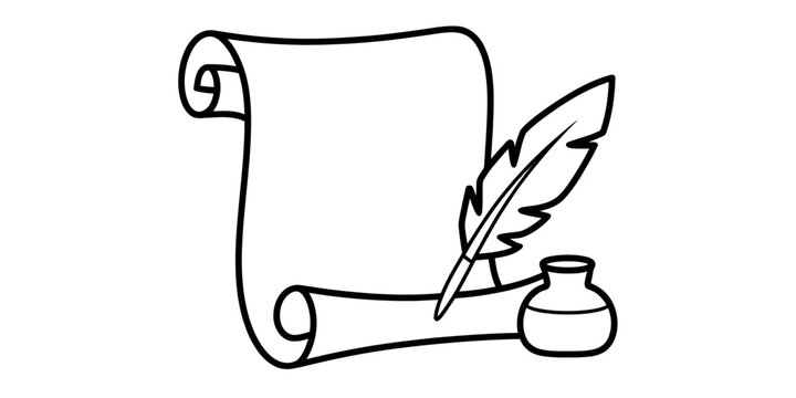 A simple black and white line art illustration of an old vintage scroll with a feather quill pen Vector, illustration