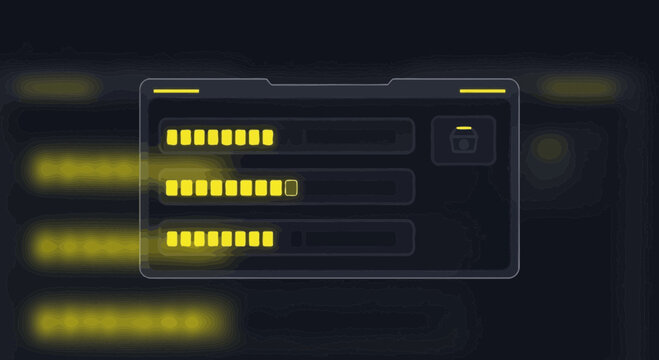 Futuristic Interface Display with Progress Bars and Data Visualization.