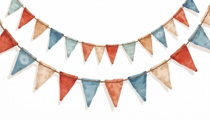 Fototapeta premium Two strings of bunting flags in red blue and tan colors hang on a white background. These fabric triangles add a festive touch for parties, events, or celebrations.