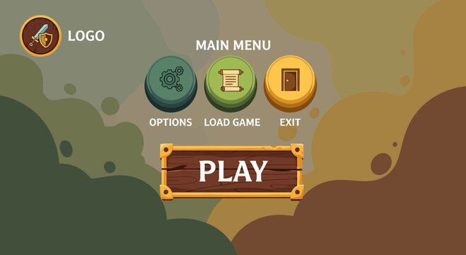 Game Main Menu Interface with Play Options Load Game and Exit Buttons.