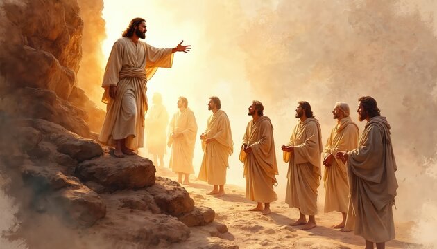 Jesus calls disciples on rocky shore. Men in robes listen attentively to Jesus message. Religious scene shows faith and obedience to divine calling.