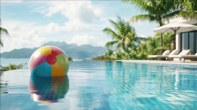 Vibrant beachside resort with swimming pool and colorful pool ball on the water. Ideal for tropical vacations, relaxation and outdoor leisure activities.