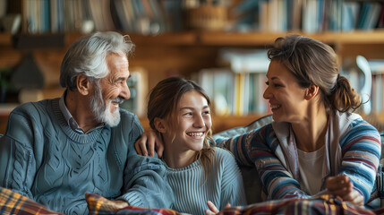 Obraz premium Joyful multigenerational family scene featuring grandparents, parents, and grandchildren sharing warm, happy moments together indoors and outdoors.