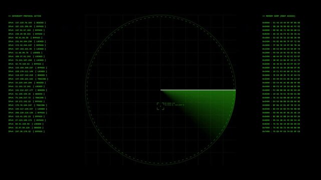 Military radar screen interface with digital data and scanning sonar display in green tech HUD style