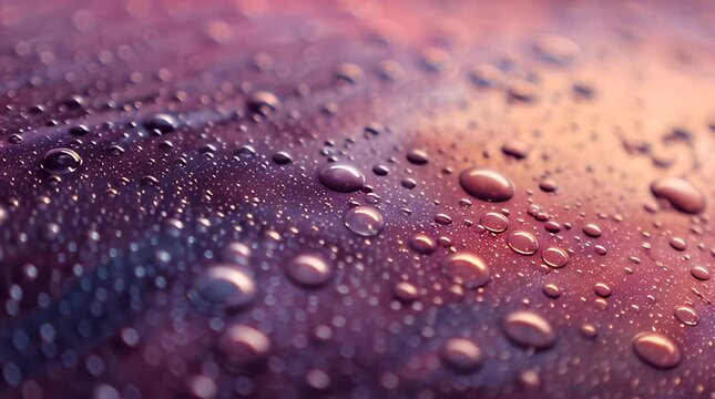 Close-up of water droplets on a surface, exhibiting a range of purplish and reddish hues with gentle blurring, capturing light reflections