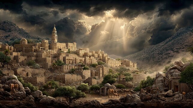 Panoramic view of an ancient biblical city with stone walls and a cathedral in the mountains under a dramatic cloudy sky with light rays