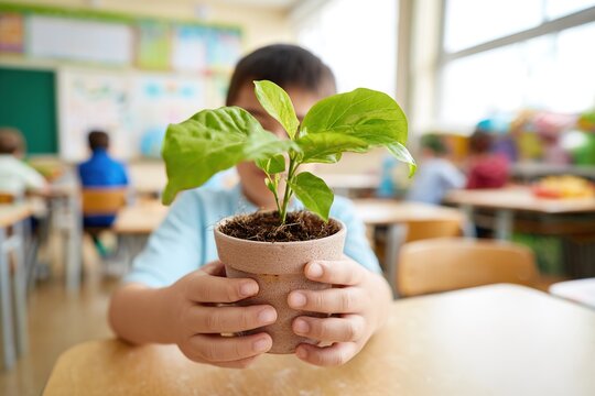 A child in a blue t-shirt holds a pot with a large green plant with both hands in primary school ecology and natural science lesson