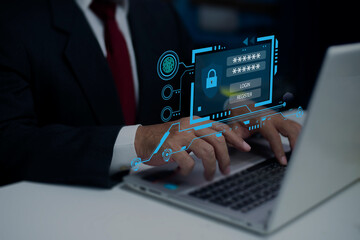 Fototapeta premium Businessman using laptop keyboard and a screen appears to enter the username and password to log in to the system. Cybersecurity and personal data protection concepts.