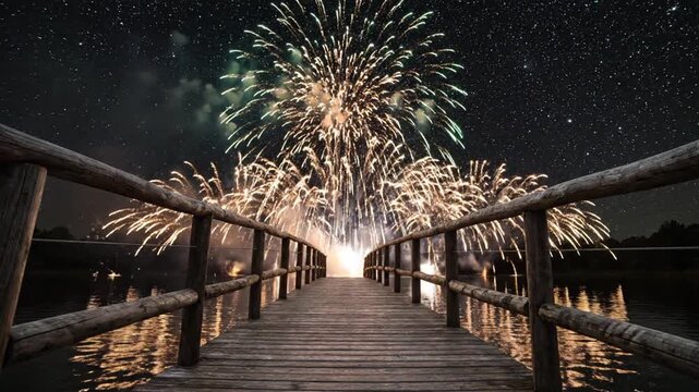 A wooden pier extends over a body of water with vibrant fireworks exploding in the night sky