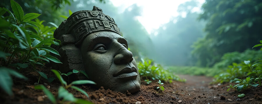 Ancient stone Olmec head sculpture emerges from jungle earth. Misty forest and green plants surround carved artifact. Path leads into fog, suggesting mystery and lost civilization discovery.