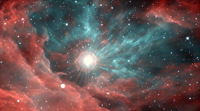 A vibrant cosmic scene with a central star, surrounded by swirling nebulae in red and blue, punctuated by shimmering stars