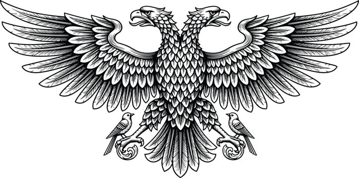 Vintage Hand Drawn Double Headed Eagle Heraldic Crest Illustration with Spread Wings and Detailed Feathers in Woodcut Engraving Style for Royal Emblem Design Graphics