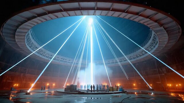 Technological Marvel: A futuristic interior with glowing beams and shadowy figures, exuding a sense of advanced technology and scientific discovery.