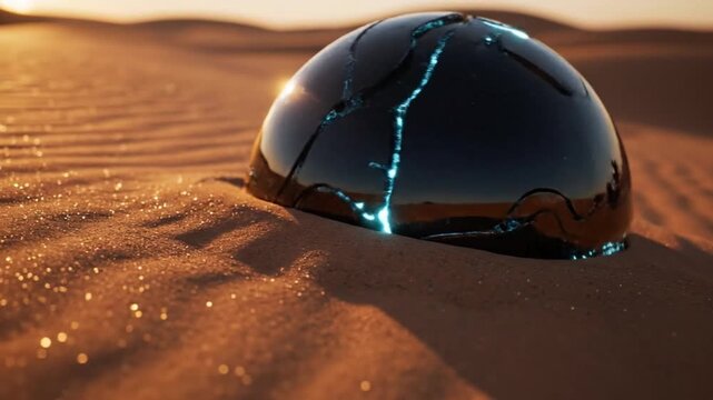 A cracked glass sphere sits in the sand with blue light emanating from the cracks during sunset in a desert landscape with warm orange tones.