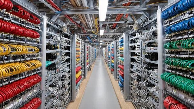 Network Infrastructure: A well-organized network infrastructure with rows of colorful cables and wiring systems, showcasing the intricate architecture of data and communication.
