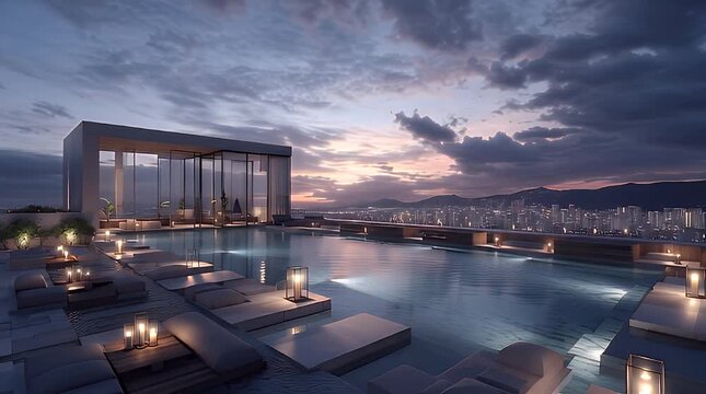 A luxurious rooftop pool area at dusk, with modern architecture, lounges, candles, and a city skyline backdrop under a cloudy sky
