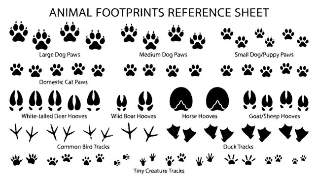 Animal footprints reference sheet with various tracks and hoof prints