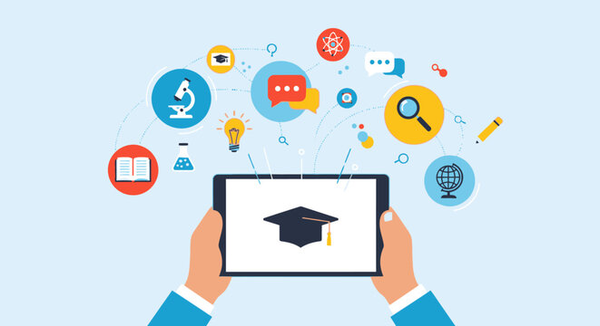 Hands holding a digital tablet displaying a graduation cap and various academic and learning icons, representing modern online education and digital learning on a light blue background.