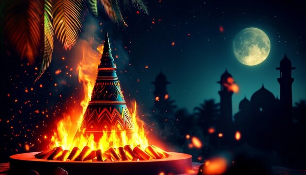 A picturesque night scene showcasing a magnificent bonfire, synonymous with Holika Dahan festivities.