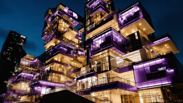 Architectural Elegance: A captivating nighttime view of a modern building, illuminated with vibrant lights and displaying a unique, multi-level design.
