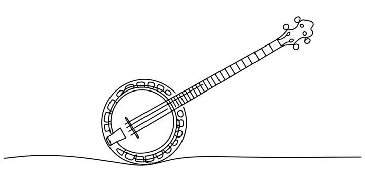 A continuous line drawing of a classic five string banjo resting on a flat surface in black ink Vector, illustration