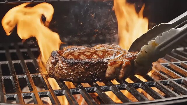 Steak Flip on Grill with Flames in Slow Motion