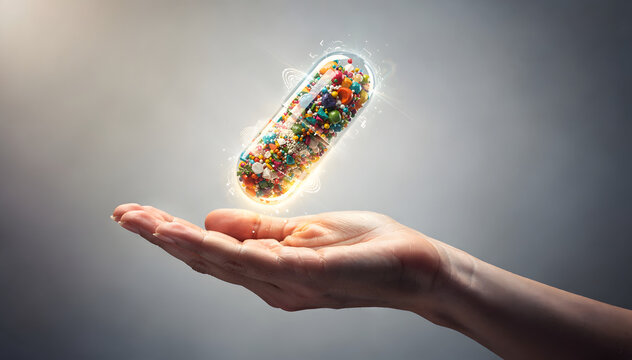 A vibrant, glowing capsule brimming with colorful spheres hovers above an open human hand, symbolizing innovation, health, and a bright future in medicine or technology