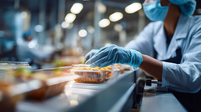 Close up of hands in a hygienic hair net and food safe gloves packaging sealed food containers on a bright production conveyor belt a temperature probe and a quality sticker