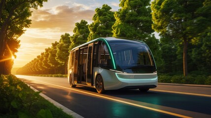 Obraz premium A sleek, modern autonomous shuttle bus drives along a tree-lined road at sunset, showcasing advanced green transportation technology.