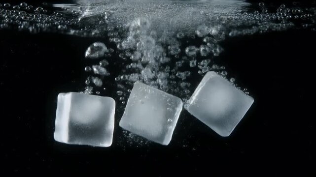 Cinematic shot of three ice cubes falling into water against a black background creating dynamic bubbles and splashes.
