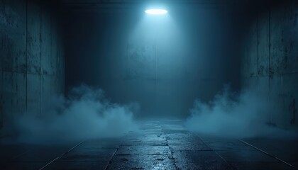 Fototapeta premium Dark industrial room with concrete walls and floor. Blue neon light shines from above creating spotlight effect. Smoke drifts across wet pavement creating mysterious atmosphere. Empty space for text.