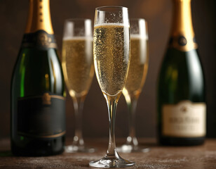 Naklejka premium Champagne glasses with bubbly golden drink and green bottles in soft focus. Celebrate event, festive mood, luxury alcohol refreshment, party beverage.