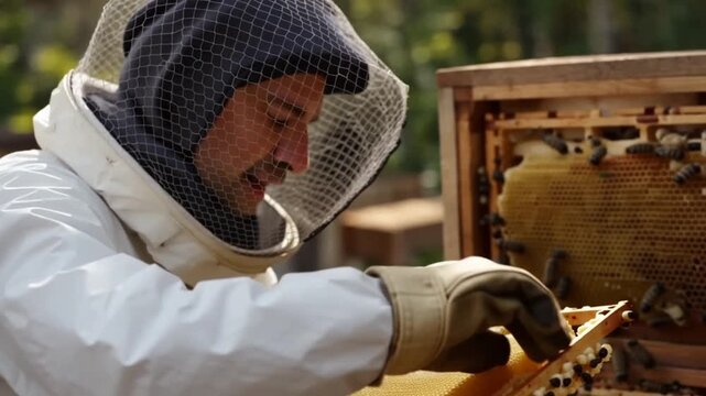 Beekeeper in protective suit inspecting honeycomb frame in beehive at apiary on sunny day