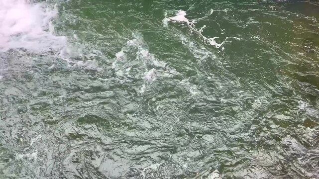 Turbulent green reservoir water flowing with swirling currents creating white foam from an overhead perspective