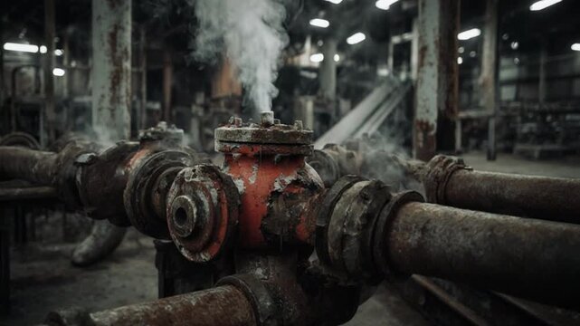Industrial steam valve on rusty pipes in a factory background
